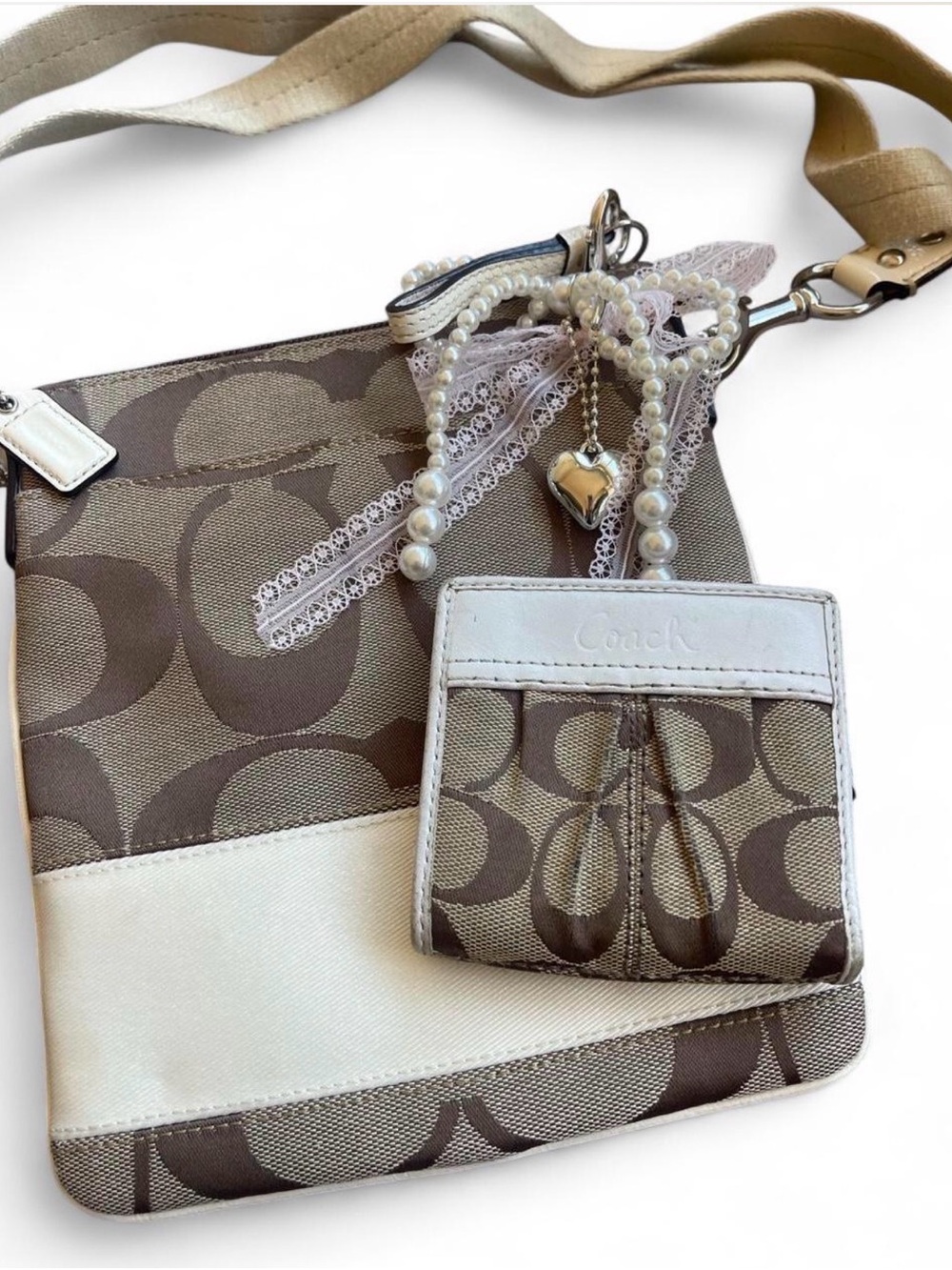 COACH Wallet Swingpack Set⁠ Khaki Brown White Signature Stripe & ID *LEATHER*